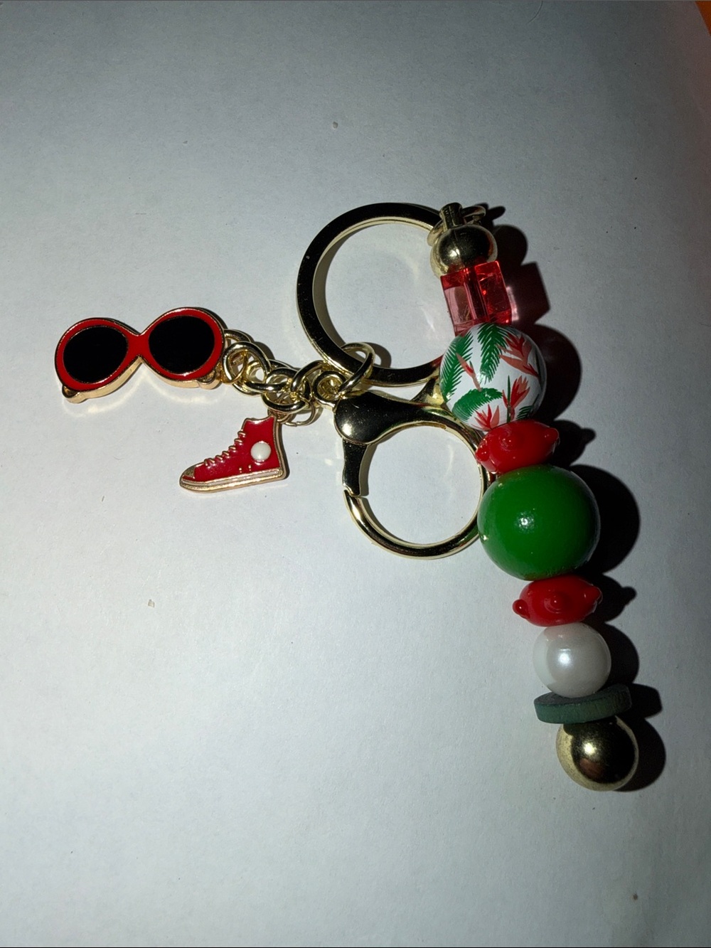 Beaded Red & Green Key and Card Holder Charm